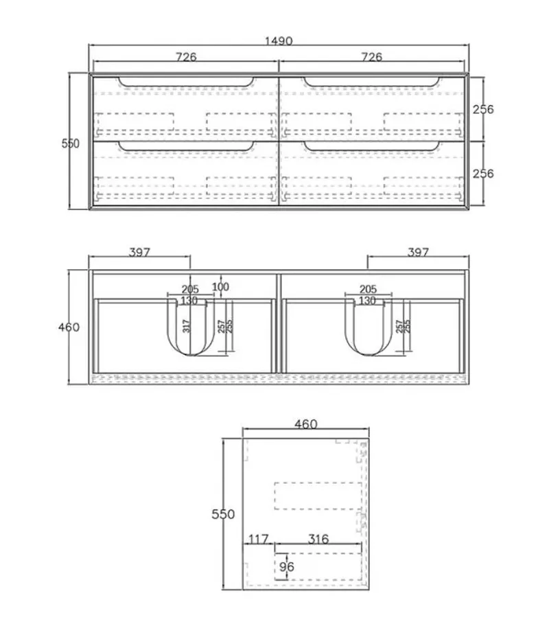 Technical Drawing For Byron Natural Oak 1500mm Double Bowls Plywood Wall Hung Vanity