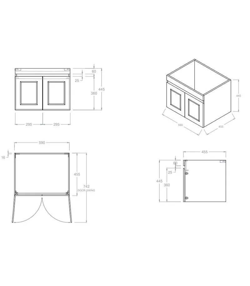 Hampton Shaker 600mm Plywood Wall Hung Vanity Technical Drawing