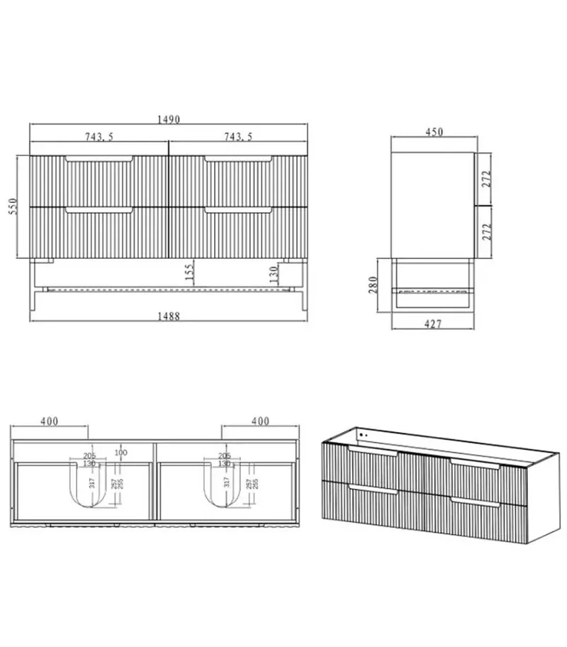 Technical Drawing For Noosa Matt White 1500mm Double Bowls Plywood Wall Hung Vanity Technical Drawing For Noosa Matt White 1500mm Double Bowls Plywood Wall Hung Vanity