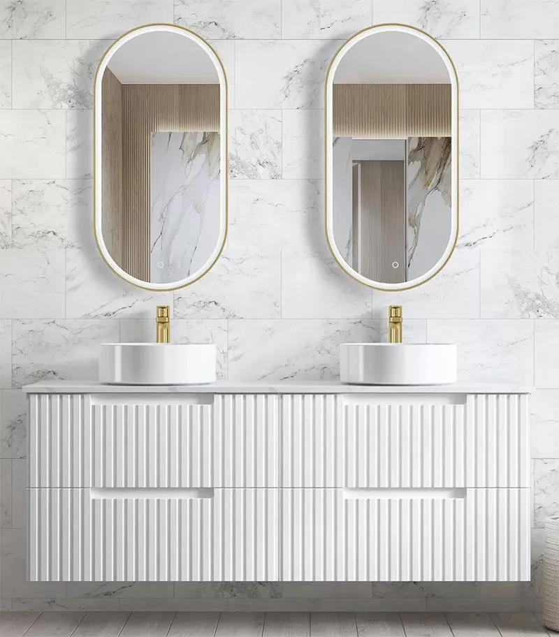 Noosa Matt White 1500mm Double Bowls Plywood Wall Hung Vanity With Carrara Stone Top