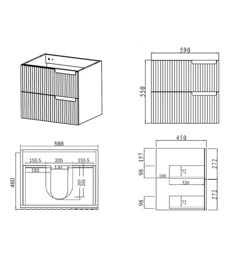 Noosa Matt White 600mm Plywood Wall Hung Vanity NS600W Technical Drawing