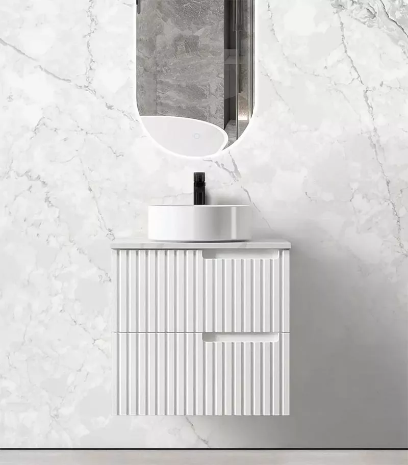 Noosa Matt White 600mm Plywood Wall Hung Vanity With Carrara Stone Top