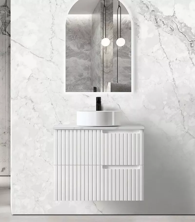 Noosa Matt White 750/900mm Plywood Wall Hung Vanity With Carrara Stone Top