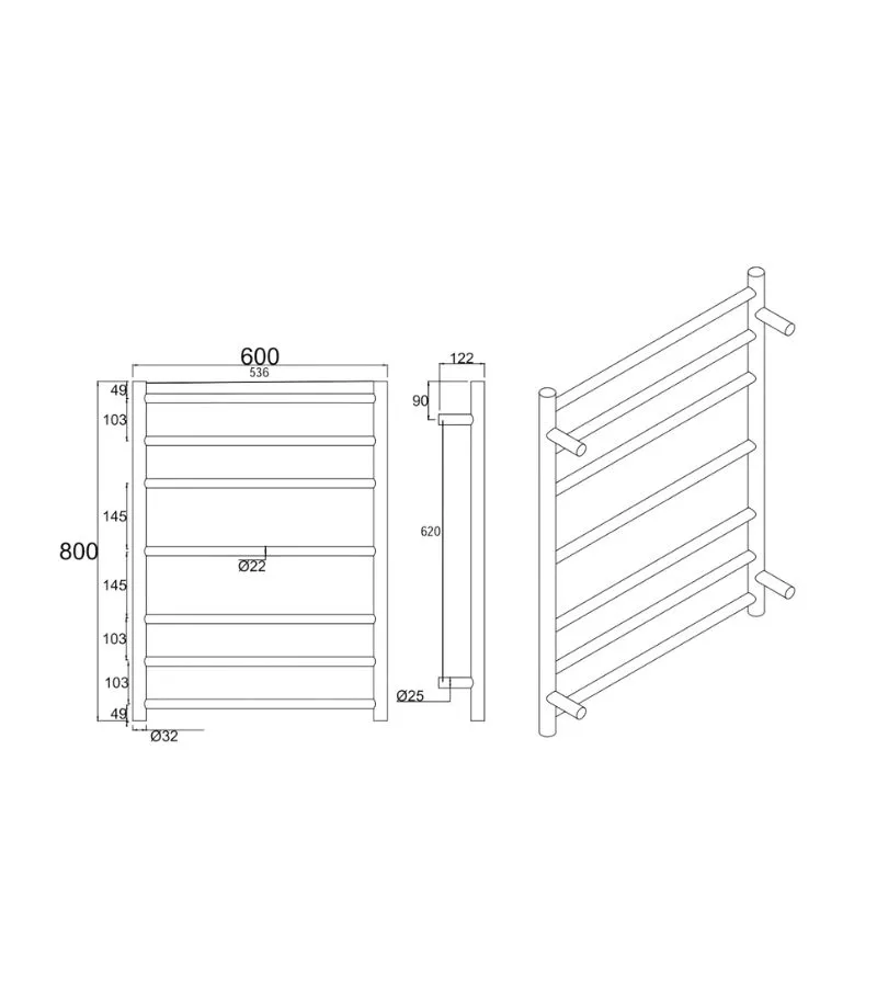 Aqua Round Heated Towel Rack 7 Bars (3+1+3) Specification