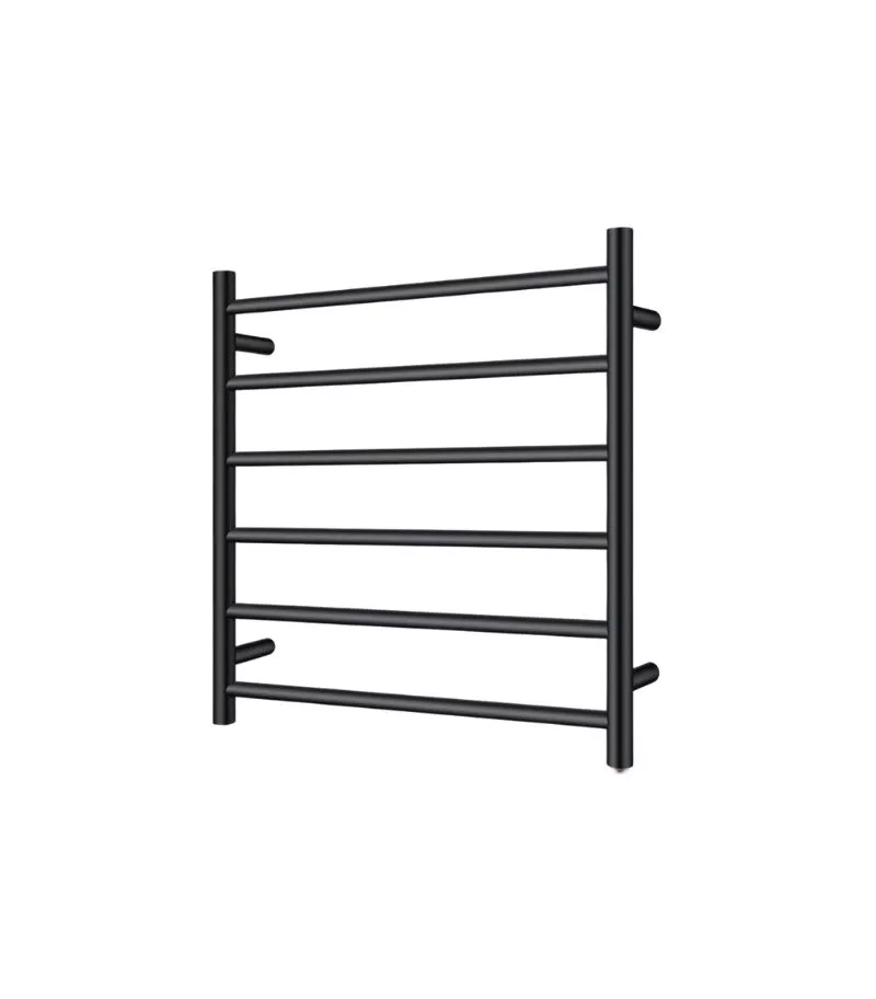 Aqua Round Matt Black Heated Towel Rack 6 Bars Sideview