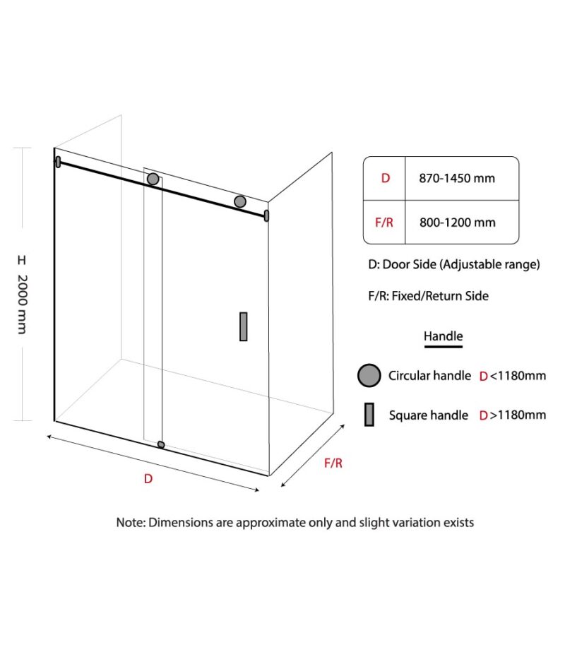 Square / L Shape Sliding Door 870-1450mm Frameless Shower Screen Specification