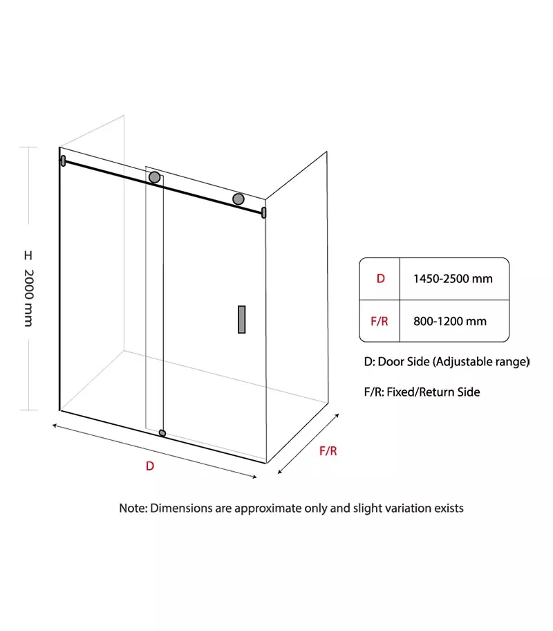 Square / L Shape Sliding Door 1450-2500mm Frameless Shower Screen Specification