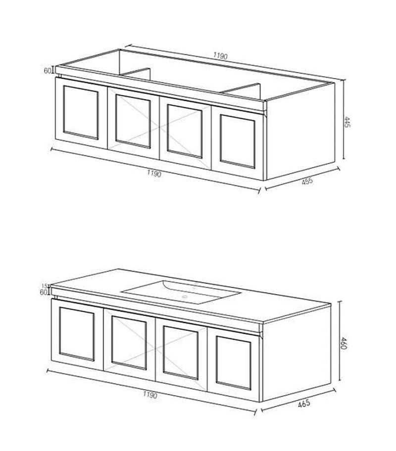 Technical Drawing For Hampton Shaker Single Bowl 1200mm Plywood Wall Hung Vanity