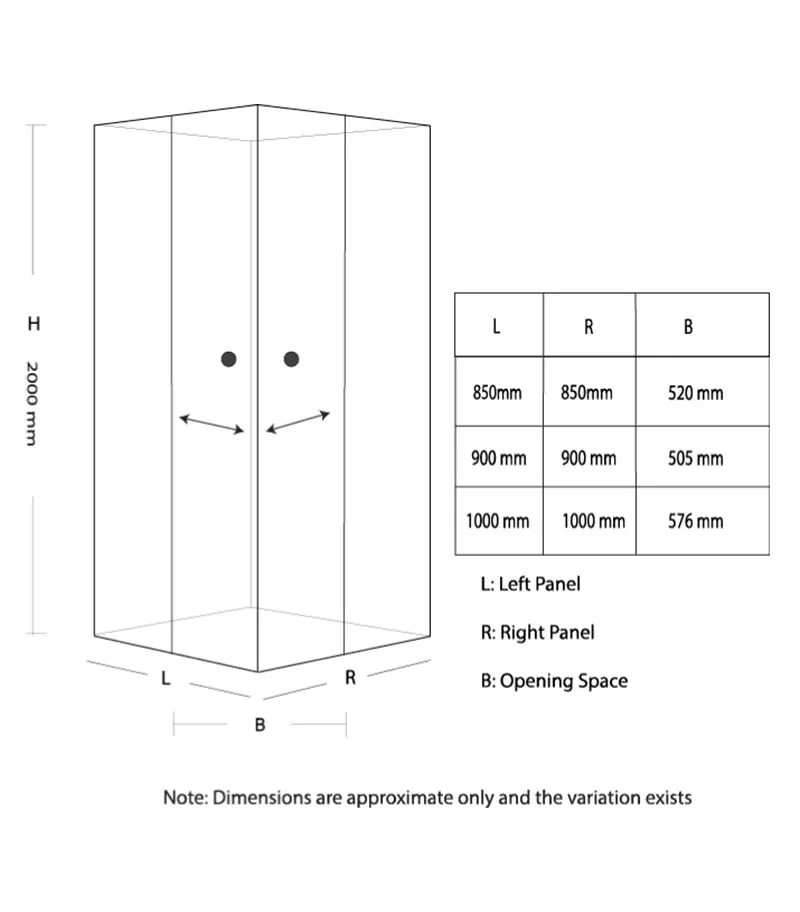 Brushed Gold Square Sliding Door Shower Screen Open From Centre Specification