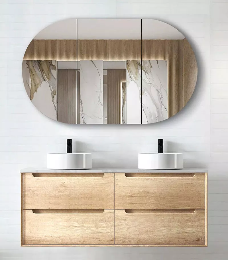 Byron Natural Oak 1200/1500mm Double Bowl Plywood Wall Hung Vanity Rockplat Top 15mm