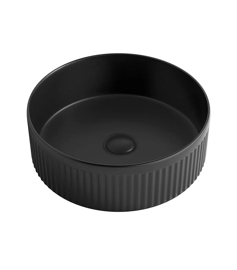 Oxford 395mm Matt Black Fluted Round Above Counter Ceramic Basin