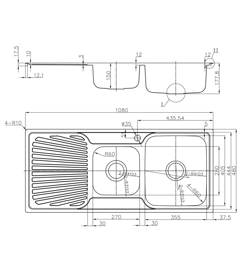 Technical Drawing For Opus 112 Bowls Sink 1080mm With Drainerboard On Side P0010848 2RHB Technical Drawing For Opus 112 Bowls Sink 1080mm With Drainerboard On Side P0010848 2RHB