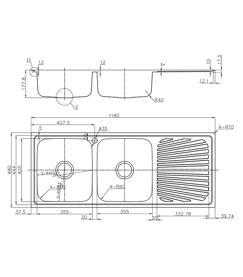 Technical Drawing For Opus Double Bowls Sink 1180mm With Drainerboard On Side P0011848 2LHB