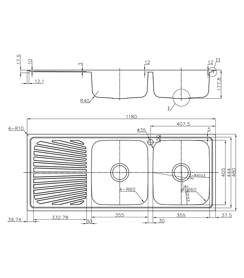 Technical Drawing For Opus Double Bowls Sink 1180mm With Drainerboard On Side P0011848 2RHB