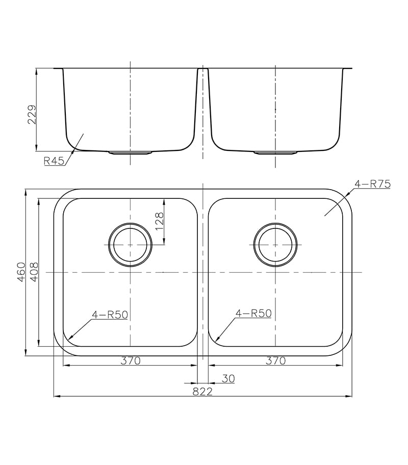 Technical Drawing For Opus Double Bowls Undermount Sink 822mm P002020