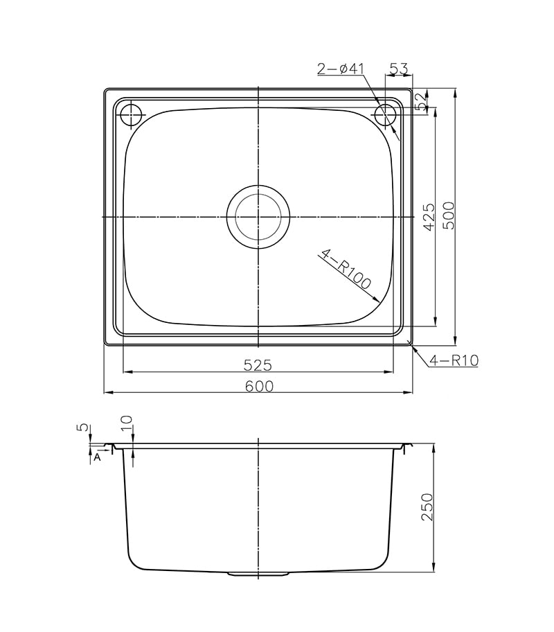 Technical Drawing For Opus Single Bowl Laundry Sink 600mm P006050