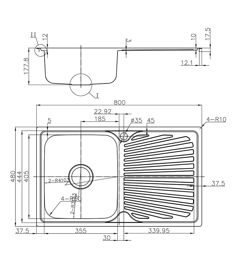 Technical Drawing For Opus Single Bowl Sink 800mm With Drainerboard On Side P008048 2LHB Technical Drawing For Opus Single Bowl Sink 800mm With Drainerboard On Side P008048 2LHB