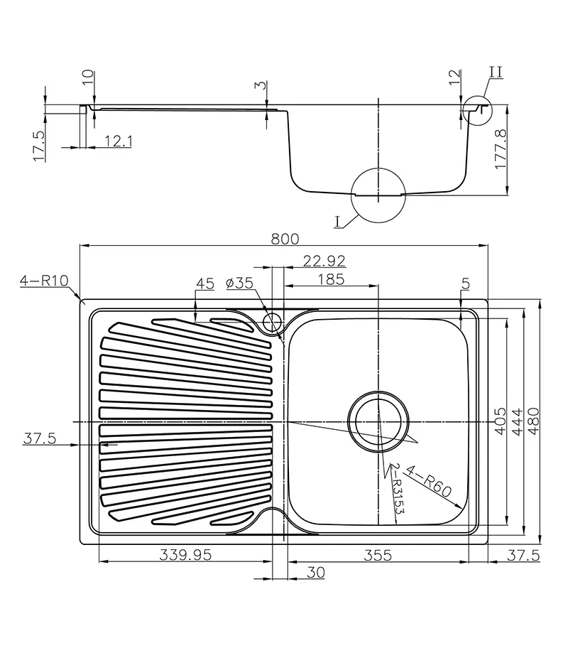Technical Drawing For Opus Single Bowl Sink 800mm With Drainerboard On Side P008048 2RHB Technical Drawing For Opus Single Bowl Sink 800mm With Drainerboard On Side P008048 2RHB