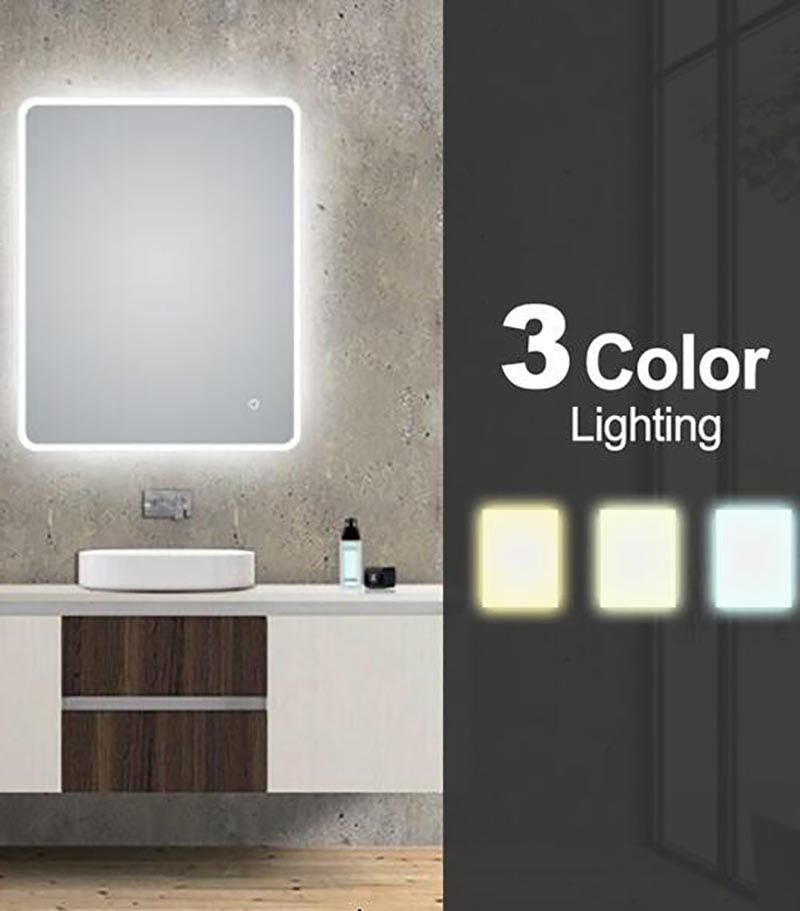 Aqua 600mm x 750mm Curved Rim Rectangle LED Mirror With 3 Color Lighting & Touch Sensor Switch Defogger Pad