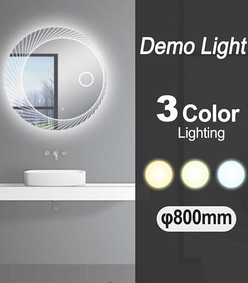 Aqua 800mm Round 3 Color Lighting LED Mirror With Demo Light Function, Touch Sensor Switch & Defogger Pad