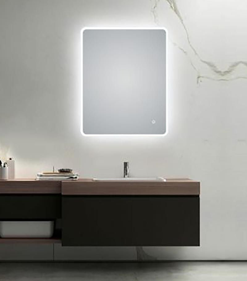 Aqua 600mm x 750mm Curved Rim Rectangle LED Mirror With 3 Color Lighting, Acrylic Side Light & Touch Sensor Switch