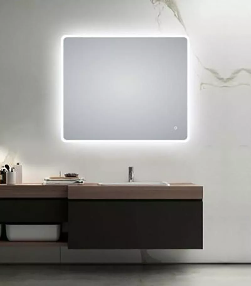 Aqua 900mm x 750mm Curved Rim Rectangle LED Mirror With 3 Color Lighting, Acrylic Side Light & Touch Sensor Switch