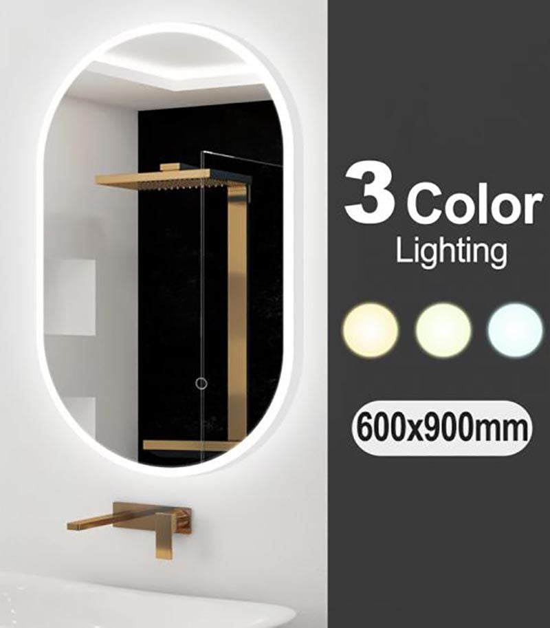 Aqua 600mm x 900mm Oval LED Mirror With 3 Color Lighting & Touch Sensor Switch Defogger Pad