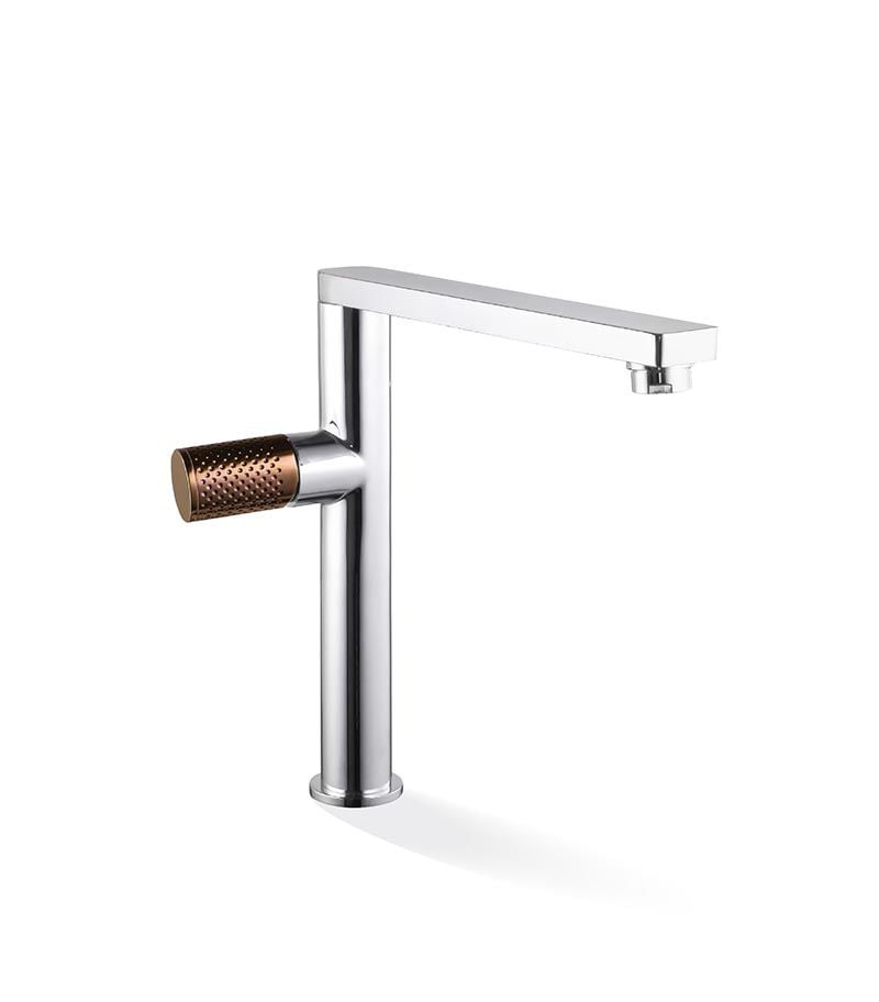 Gabe Chrome Sink Mixer With Rose Gold Handle