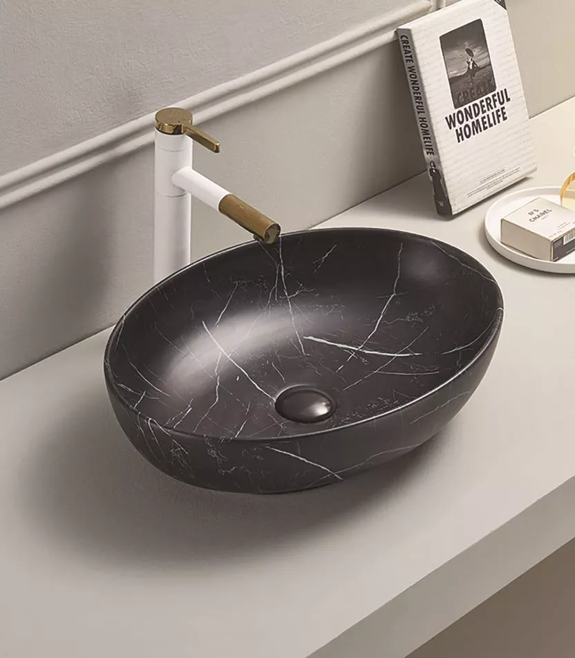 520 x 395 x 130mm Matt Black Marble Surface Oval Ceramic Above Counter Basin