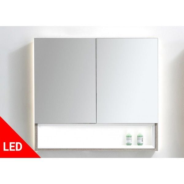 LED Light Oak 750mm X 720mm Mirror Cabinet With 2 Doors & 1 Storage