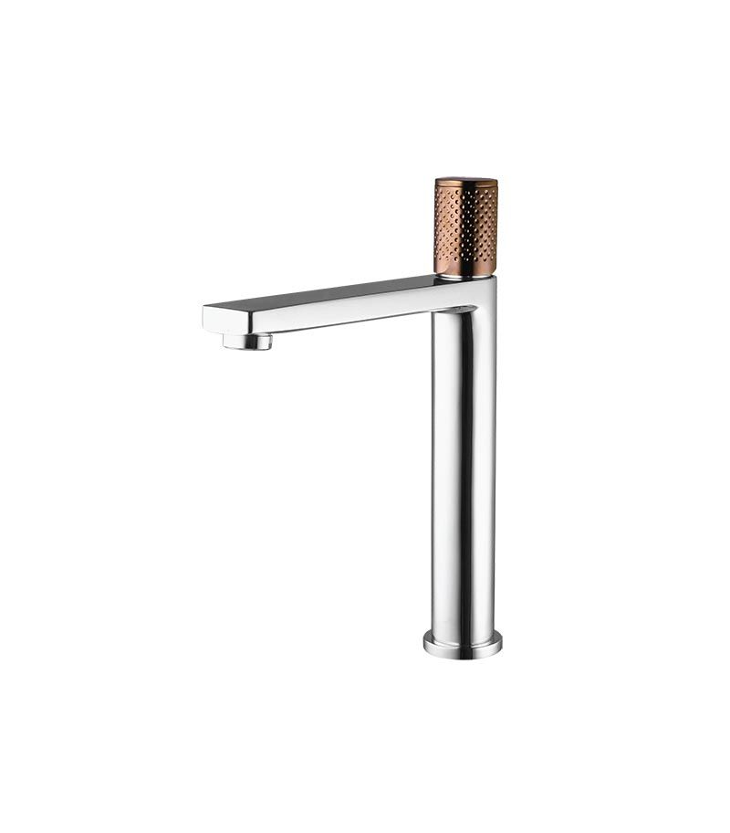 Gabe Chrome Tall Basin Or Sink Mixer With Rose Gold Handle