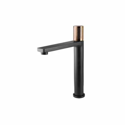 Gabe Matt Black Tall Basin Or Sink Mixer With Rose Gold Handle