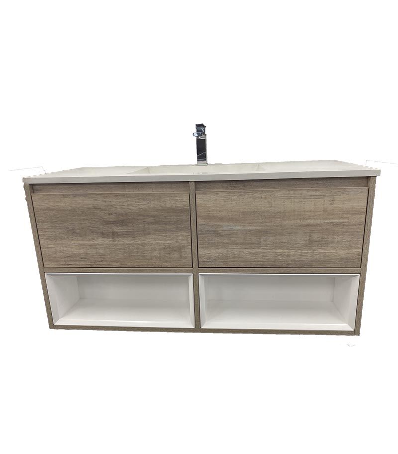 LED Light Oak Ceramic Single Basin Top Wall Hung Vanity 1200mm Without Background