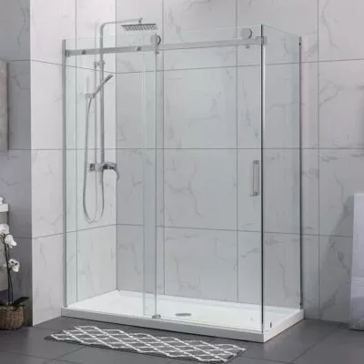 Square & L-Shape Frameless Sliding Door Shower Screen – Brushed Nickel Fittings