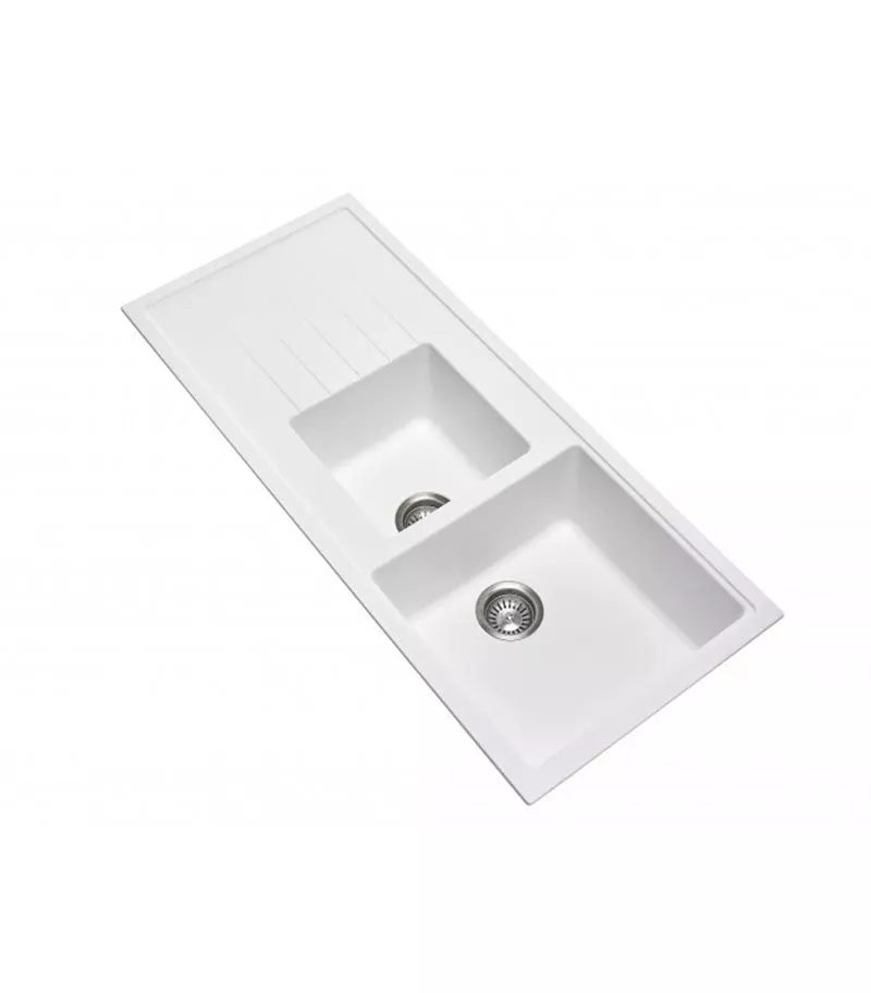 Carysil 1160mm White One and A Half Bowl With Drainer Board Granite Kitchen Sink TWMD-200VW