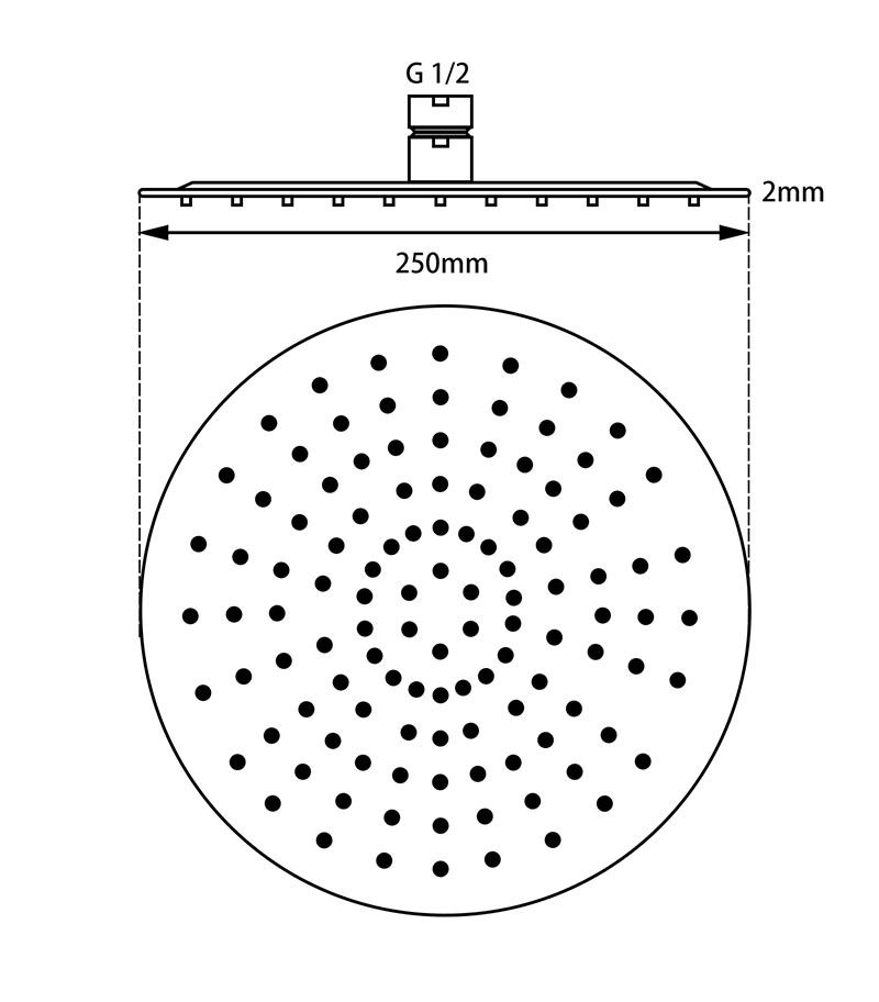 Specification For Aqua 250mm Round Ultra Thin Shower Head 2mm Thickness