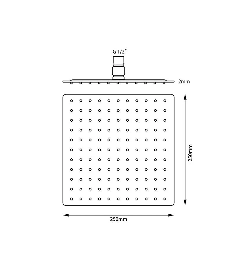 Specification For Aqua 250mm Square Ultra Thin Shower Head With Round Corner 2mm Thickness