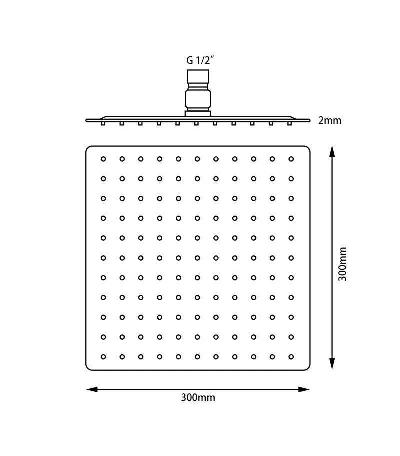 Specification For Aqua 300mm Square Ultra Thin Shower Head With Round Corner 2mm Thickness