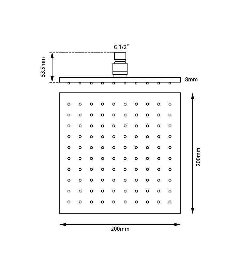 Specification For Aqua 200mm Square Shower Head 8mm Thickness