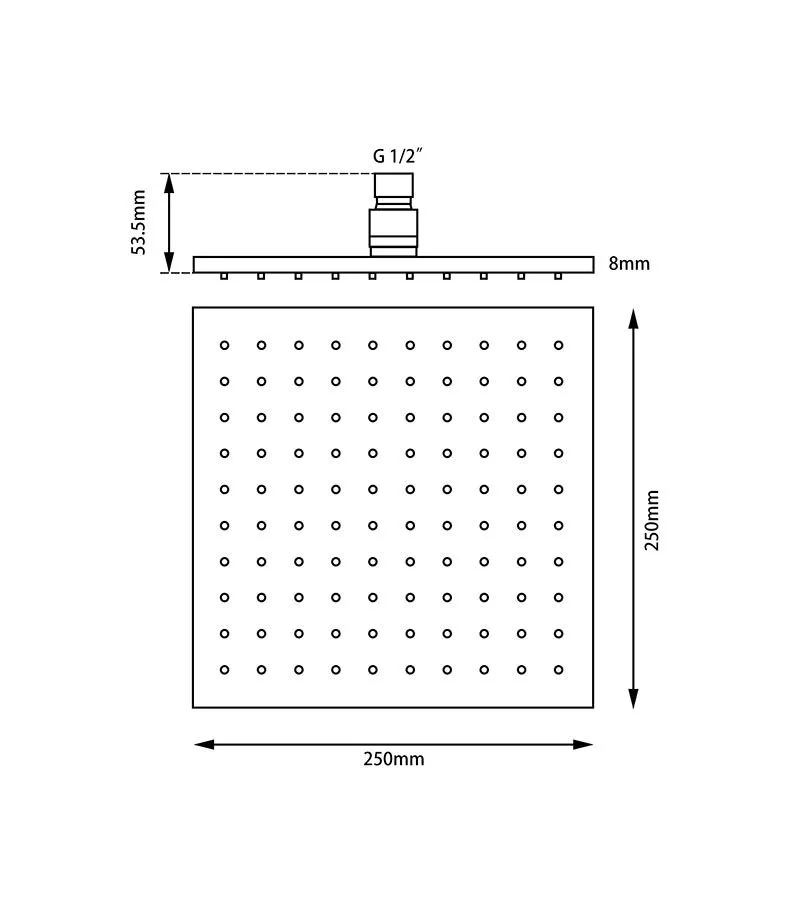 Specification For Aqua 250mm Square Shower Head 8mm Thickness