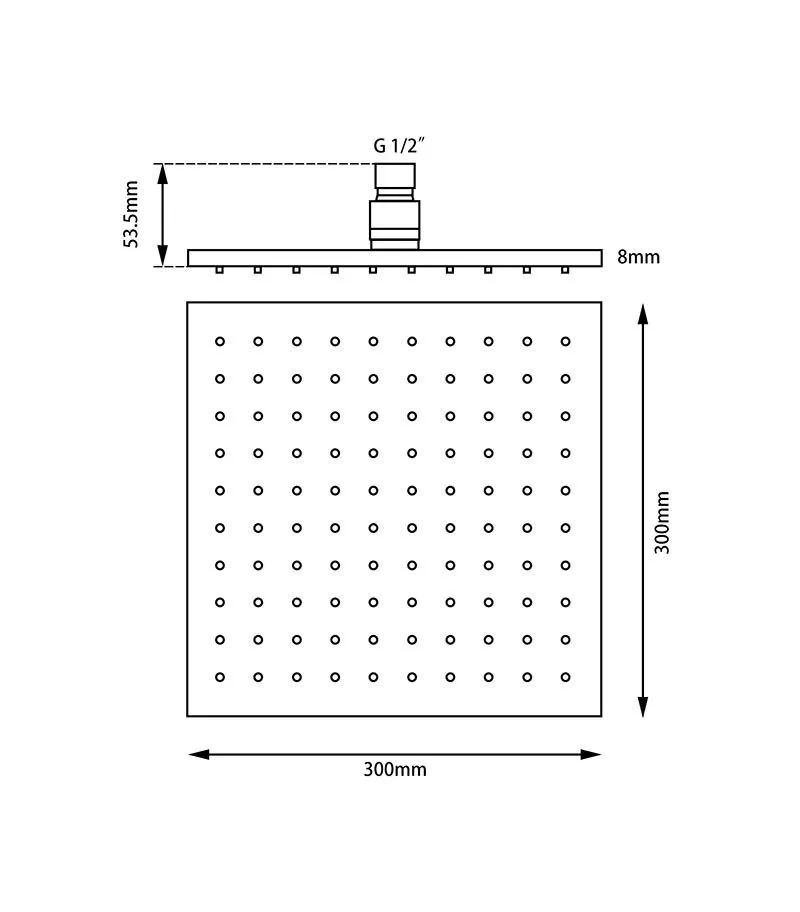 Specification For Aqua 300mm Square Shower Head 8mm Thickness