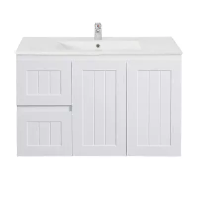 Acacia Shaker 900mm Wall Hung Vanity – Matt White LH Drawers