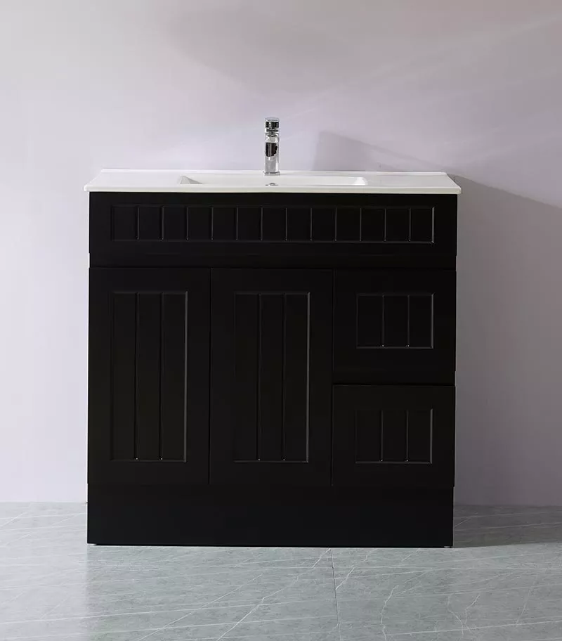 Acacia Shaker Matt Black 900mm PVC Freestanding Vanity RH Drawer Kickboard