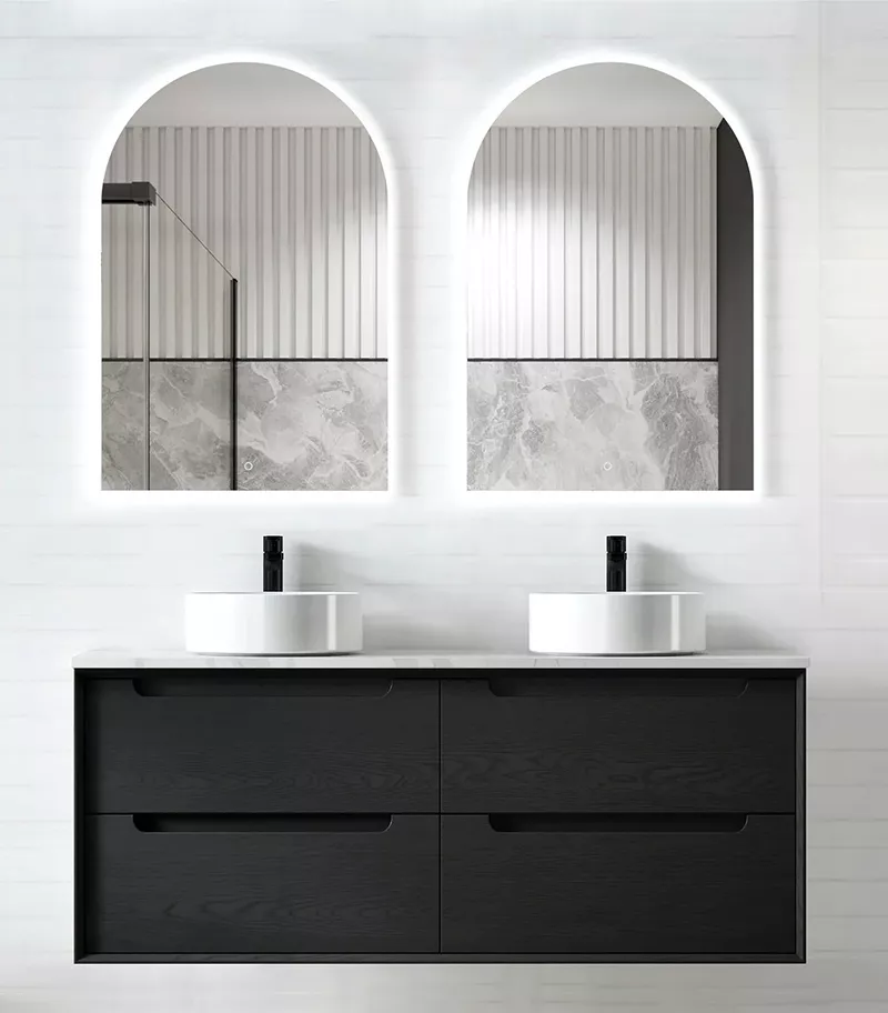 Byron Black Oak 1200mm Double Bowl Plywood Wall Hung Vanity BY1200BST D Byron Black Oak 1200mm Double Bowl Plywood Wall Hung Vanity BY1200BST D