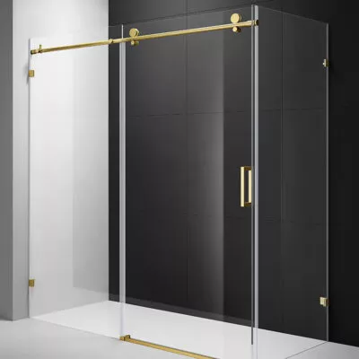 Milano Brushed Gold Fittings L Shape Frameless Shower Screen Top Round Rod SL1+2-BG-SL3-BG