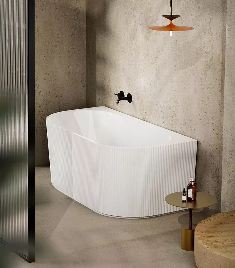 Bari Groove Back To Wall Freestanding Bath - Gloss White Sideview