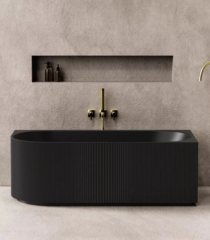 Capri Groove Back To Wall Freestanding Bath Right Corner - Matt Black Lifestyle