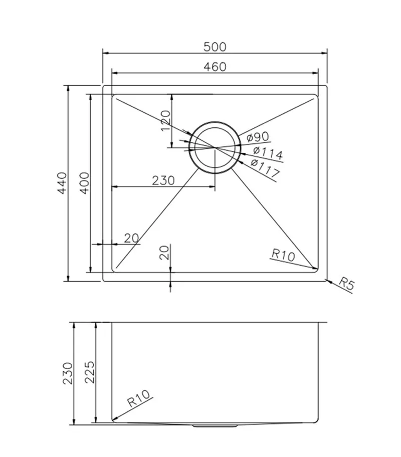 Aqua Handmade Single Bowl Sink 490mm TWM1 - Specification