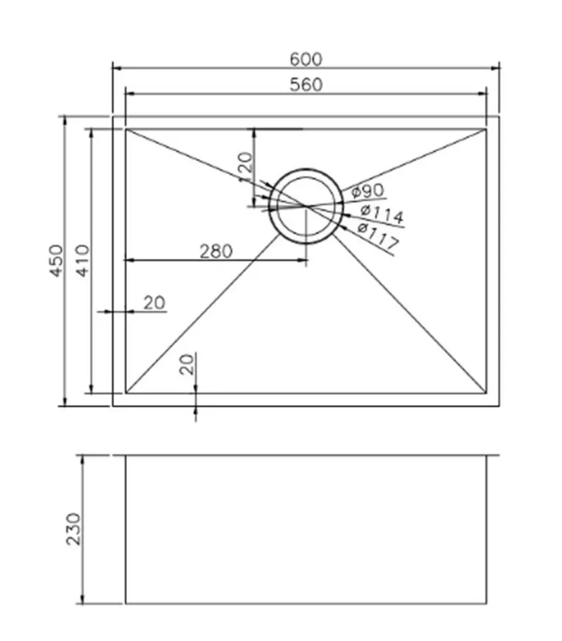 Aqua Handmade Single Bowl Sink 600 x 450 x 230mm TWM10G - Specification