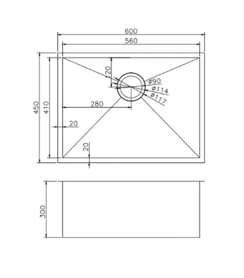 Aqua Handmade Single Bowl Sink 600 x 450 x 300mm TWM10D - Specification